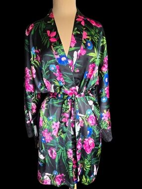Victoria's Secret Black Satin Floral Wrap Robe with Pink & Green Accents